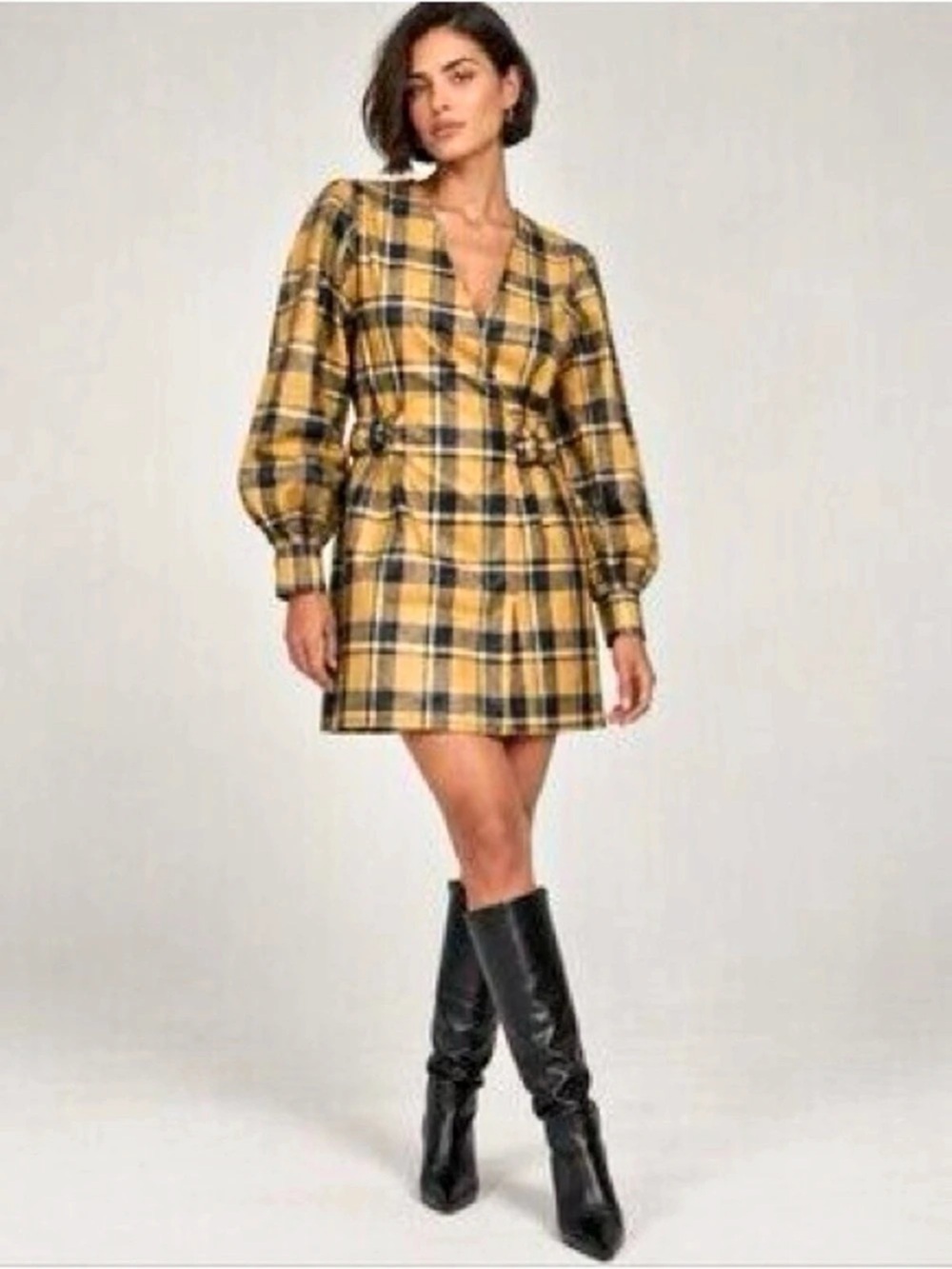 GANNI Coated Flannel Dress Plaid Mini Dress in Yellow & Black Size 36